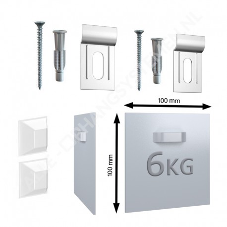 Uitbeelding Medewerker lening GeckoTeq Zelfklevende DiBond & Spiegel hanger set 1 - 100x100 x2 - 2 muur  haken, 4 PVC Bumpers